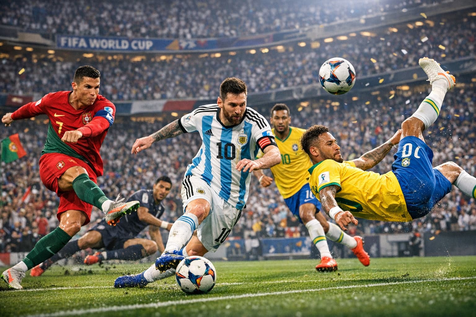 World Cup soccer scene with Ronaldo, Messi, Neymar in action