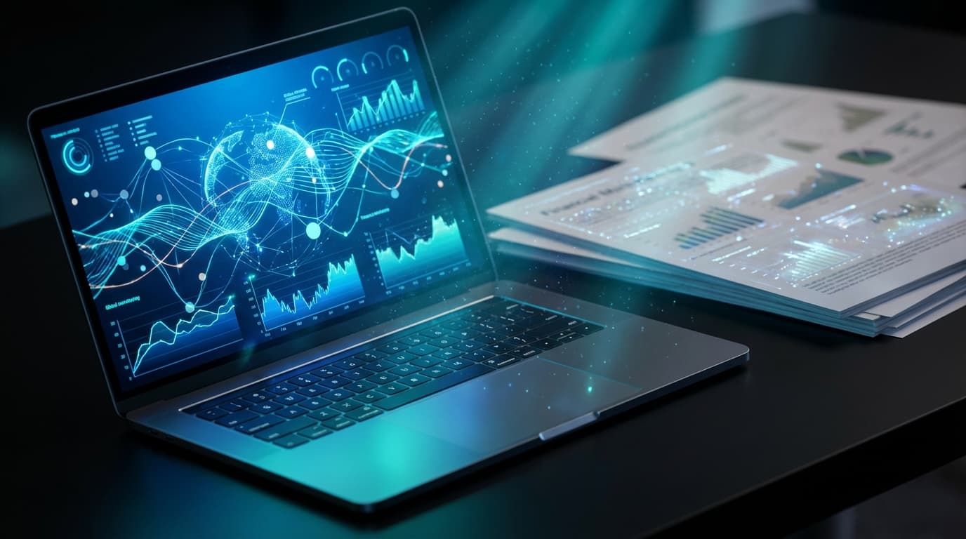 Laptop displaying AI-driven betting analytics and performance metrics with upward trending data